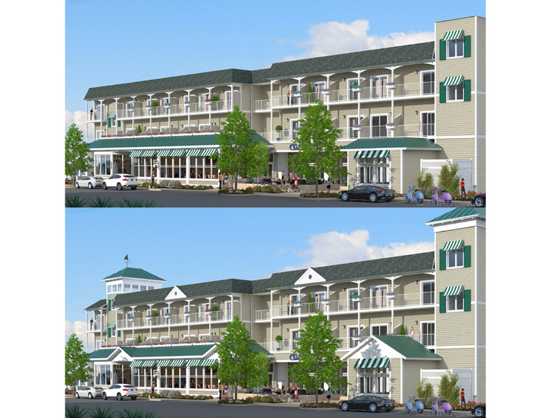 A comparison of the two plans offered for the proposed Avenue Inn expansion. Version A, top, is the version the Rehoboth Beach planning commission agreed to move forward with for a public hearing. Version B is the version the hotel's owners and the planners would like to move forward with but it does not meet the zoning code. BY SUBMITTED